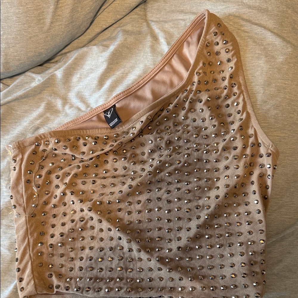 Windsor Tan Studded One-Shoulder Crop Top
